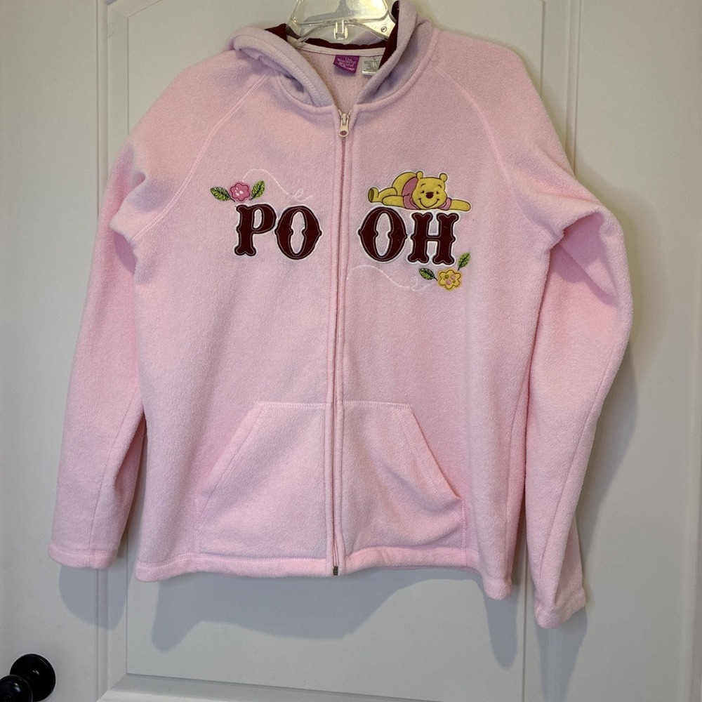 Disney Winnie the Pooh Pink Fleece Hoodie Full Zip Embroidered Womens L